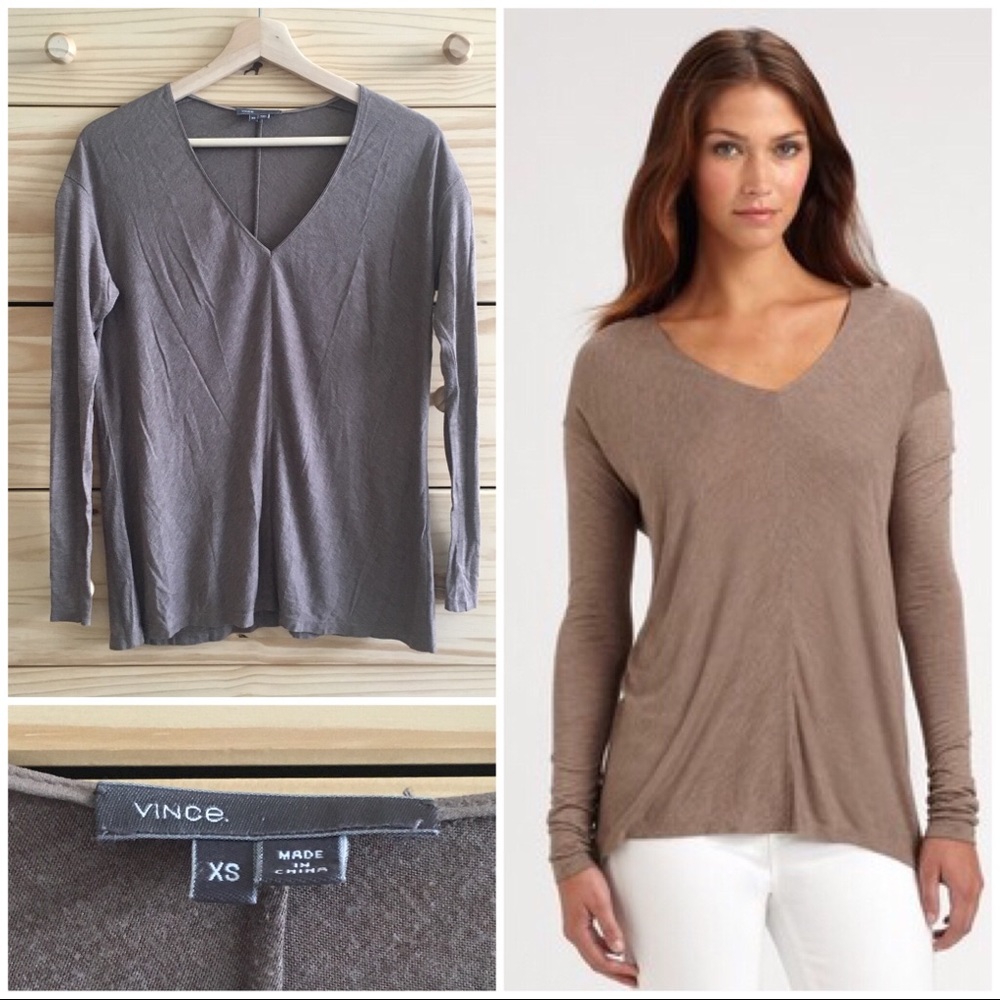 Vince Brown Mitered Vneck Long Sleeve Tee Shirt XS